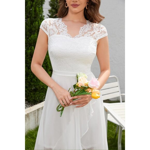 Women's White V-Neck  Hi-Lo Floral Lace Prom Cocktail Party Formal Dress - Picture 5 of 7